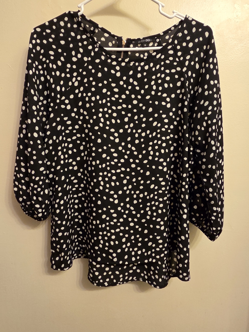 PaperMoon Polka Dot Blouse Women's Medium Black White Tie Sleeve Zipper Back